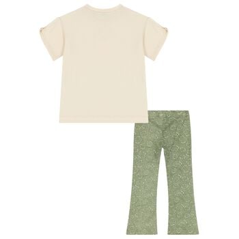 Girls Beige & Green Flower Leggings Set