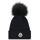 Girls Black Pom Pom Beanie Hat, 1, hi-res