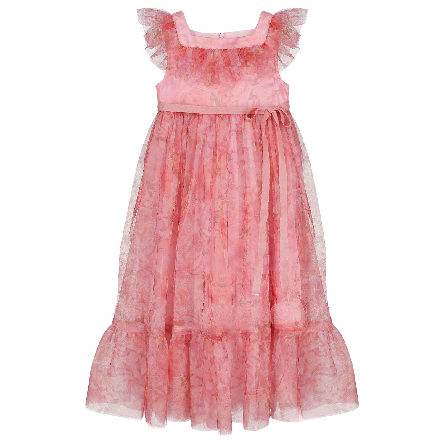 Girls Pink Peony Tulle Dress, 1, hi-res