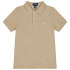 Boys Beige Logo Polo Shirt , 1, hi-res