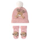 Baby Girls Pink Puppy Knitted Hat & Socks Set, 2, hi-res