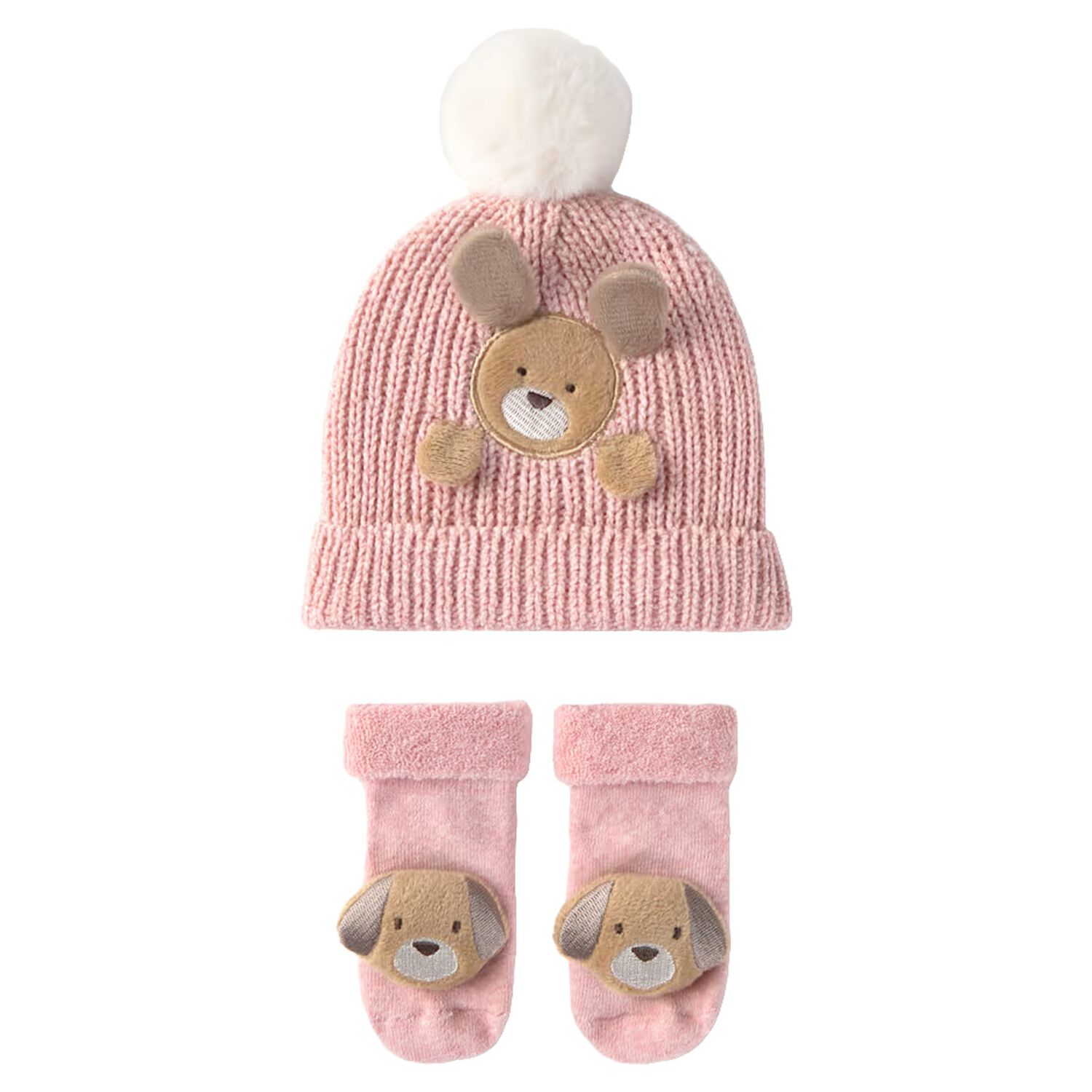 Baby Girls Pink Puppy Knitted Hat & Socks Set, 2, hi-res