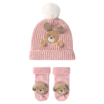 Baby Girls Pink Puppy Knitted Hat & Socks Set