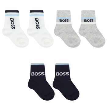 Baby Boys White, Navy Blue & Grey Logo Socks ( 3-Pack )