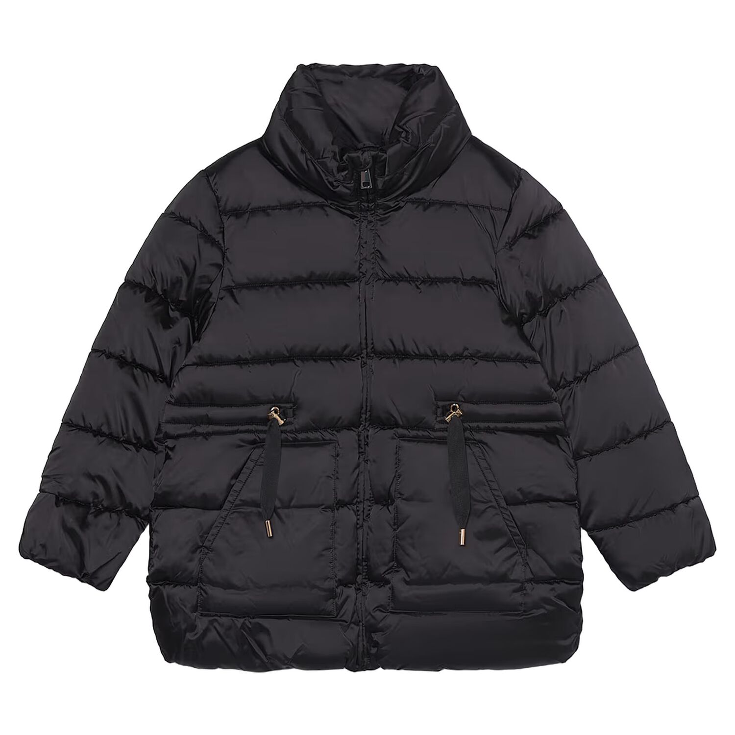 Girls Black Satin Puffer Jacket, 1, hi-res