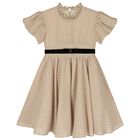 Girls Beige Dots Belted Dress, 1, hi-res