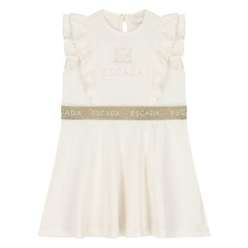 Younger Girls Ivory & Gold Ruffled Logo Dress