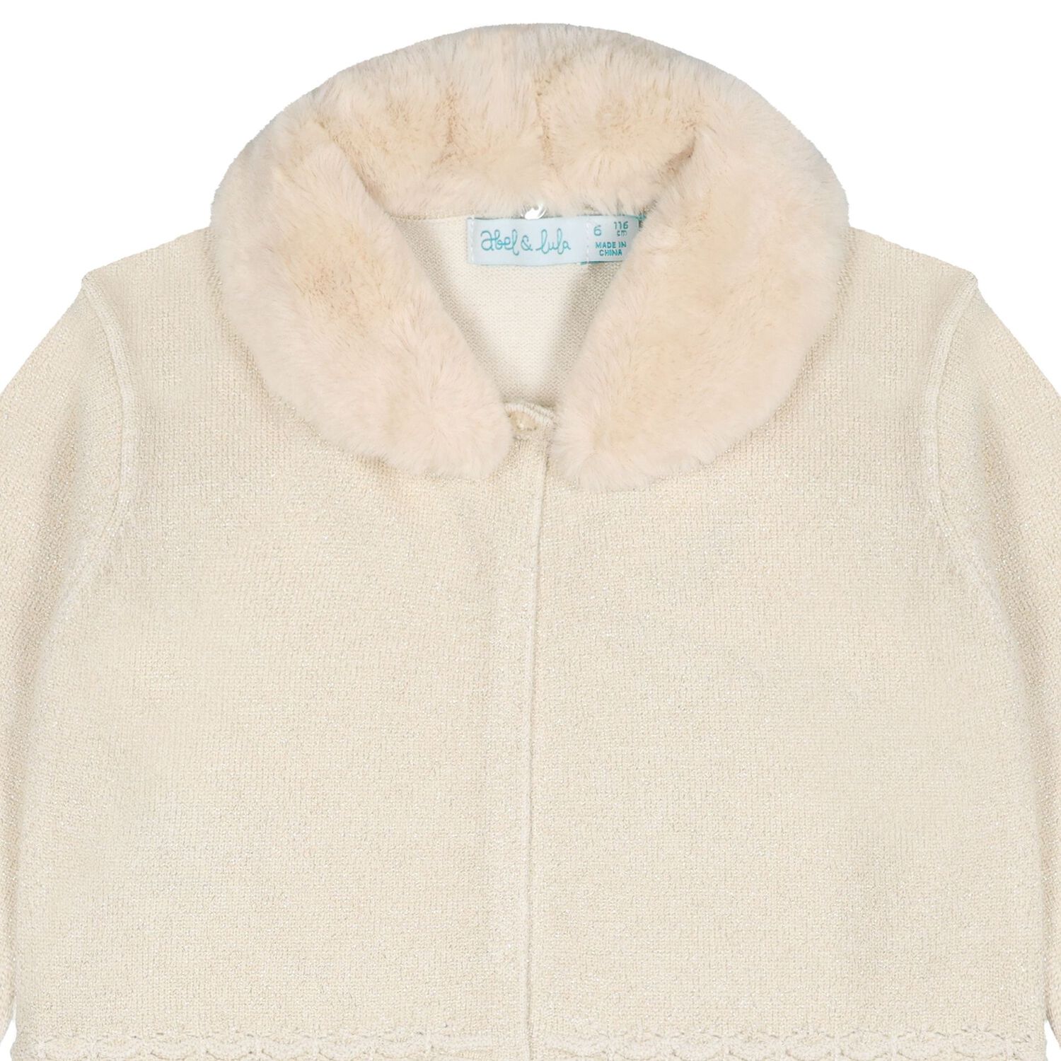 Girls Beige Faux Fur Collar Cardigan, 2, hi-res