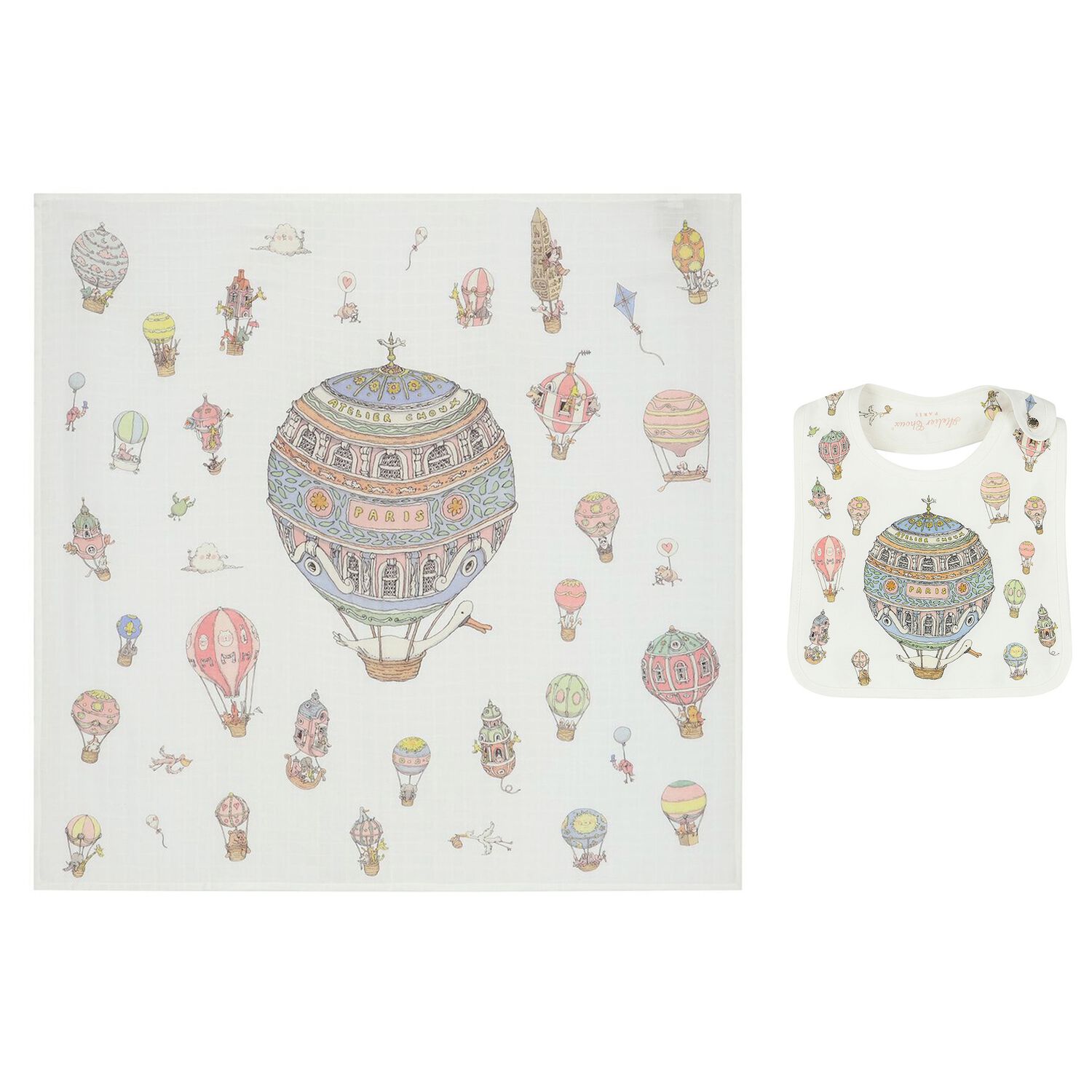 طقم هدية قماط ومريلة بطبعة البالون باللون الأبيض, 1, hi-res