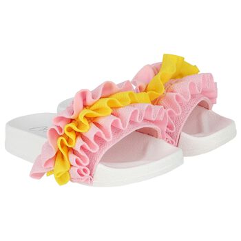 Girls White, Pink & Yellow Ruffled Sliders