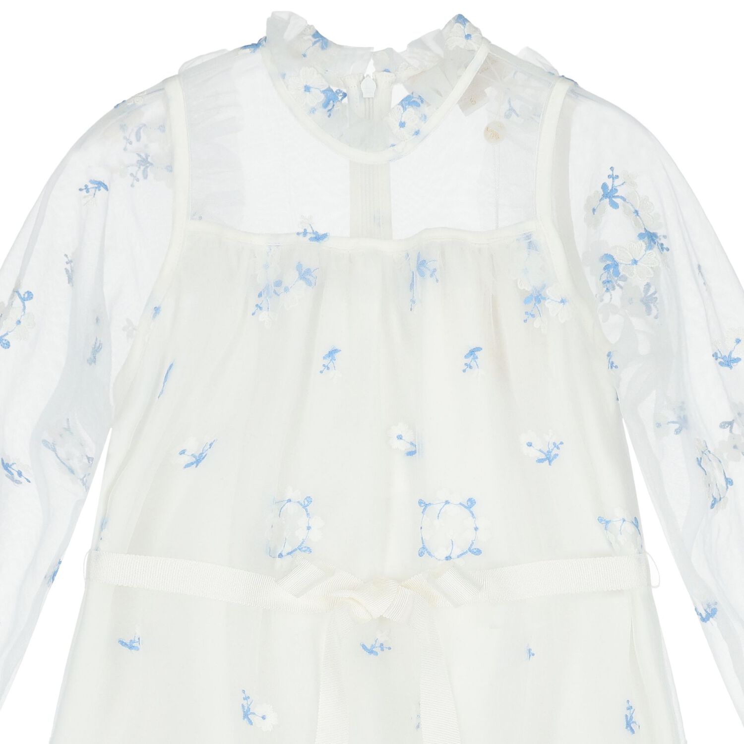 Girls White & Blue Floral Tulle Dress , 1, hi-res