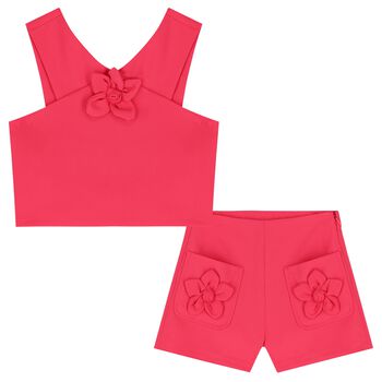 Girls Pink Crepe Flower Shorts Set