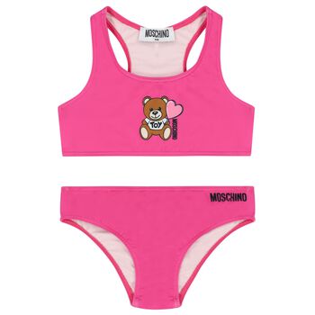 Girls Pink Teddy Bear Logo Bikini