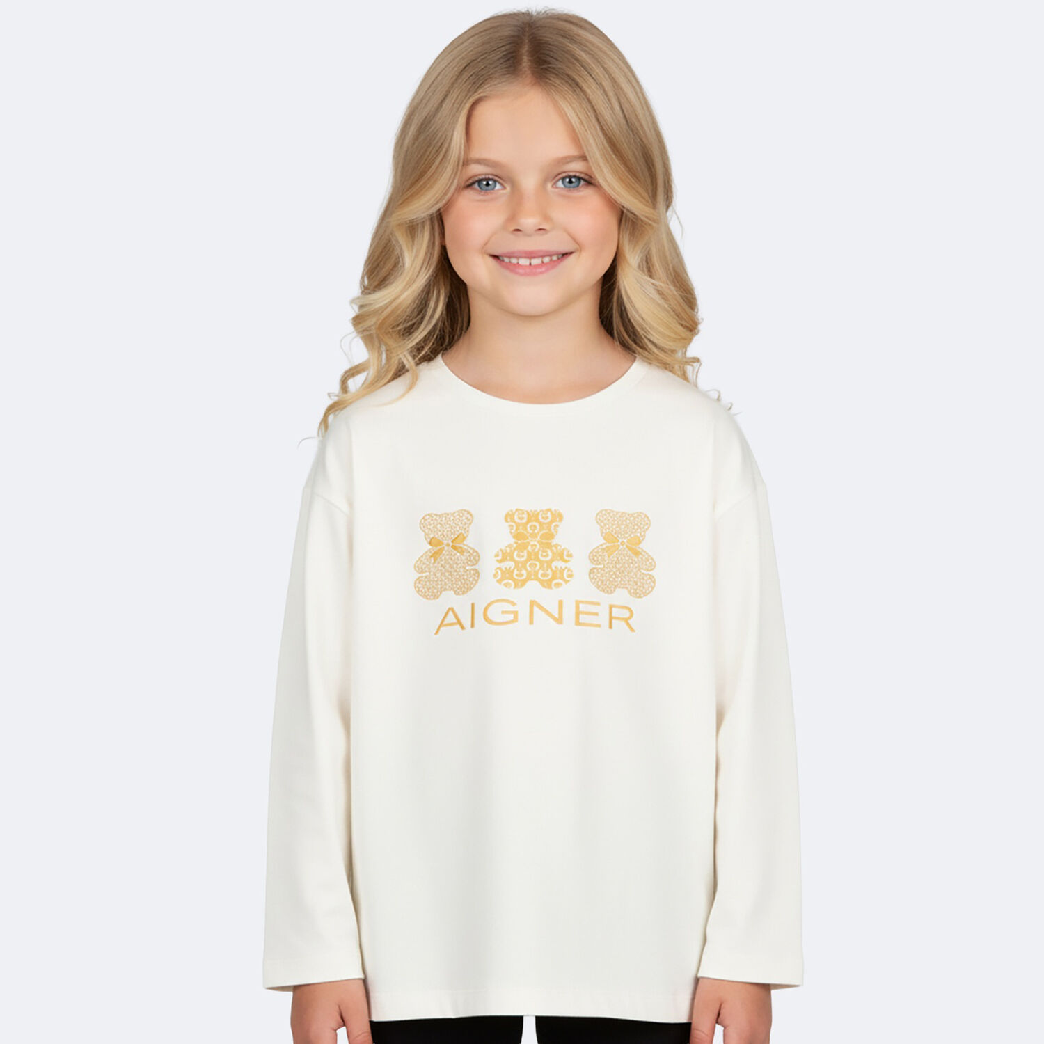 Girls Ivory & Gold Teddy Bear Logo Long Sleeve Top, 1, hi-res