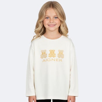 Girls Ivory & Gold Teddy Bear Logo Long Sleeve Top