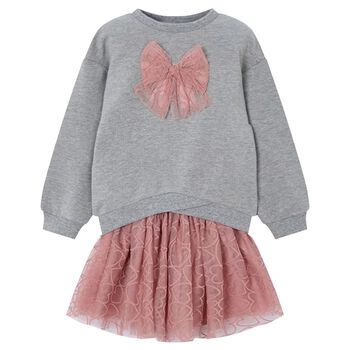 Girls Grey & Pink Bow Skirt Set