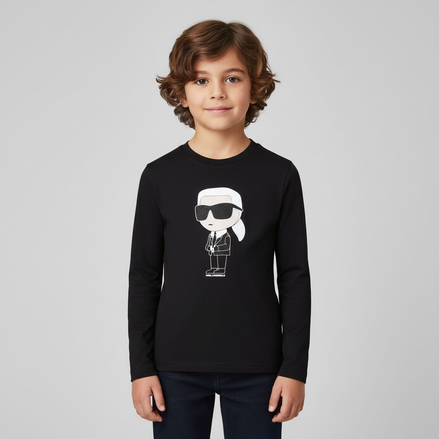 Boys Black Ikonik Karl Long Sleeve Top, 1, hi-res