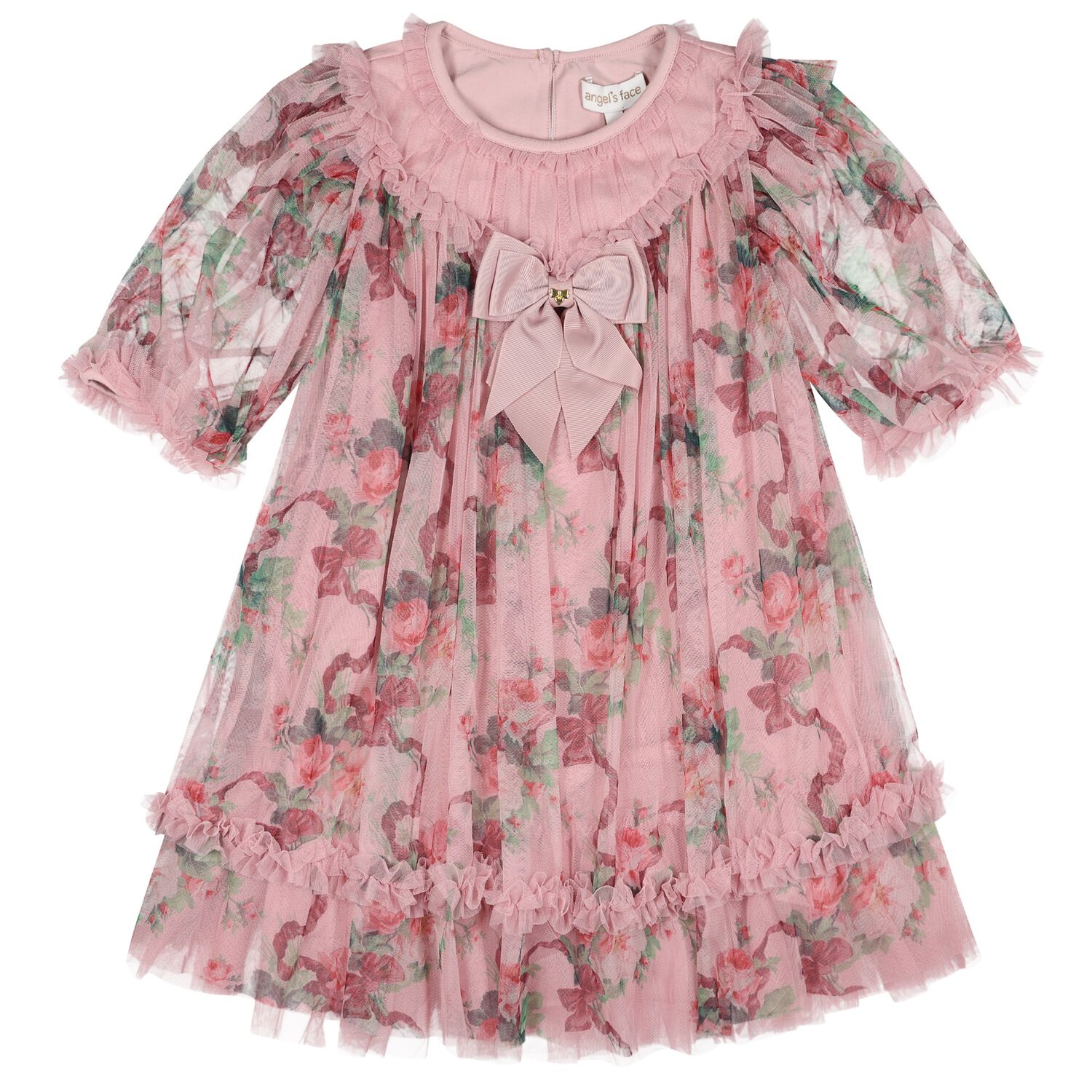 Girls Pink Floral Ruffled Tulle Isabella Dress, 2, hi-res