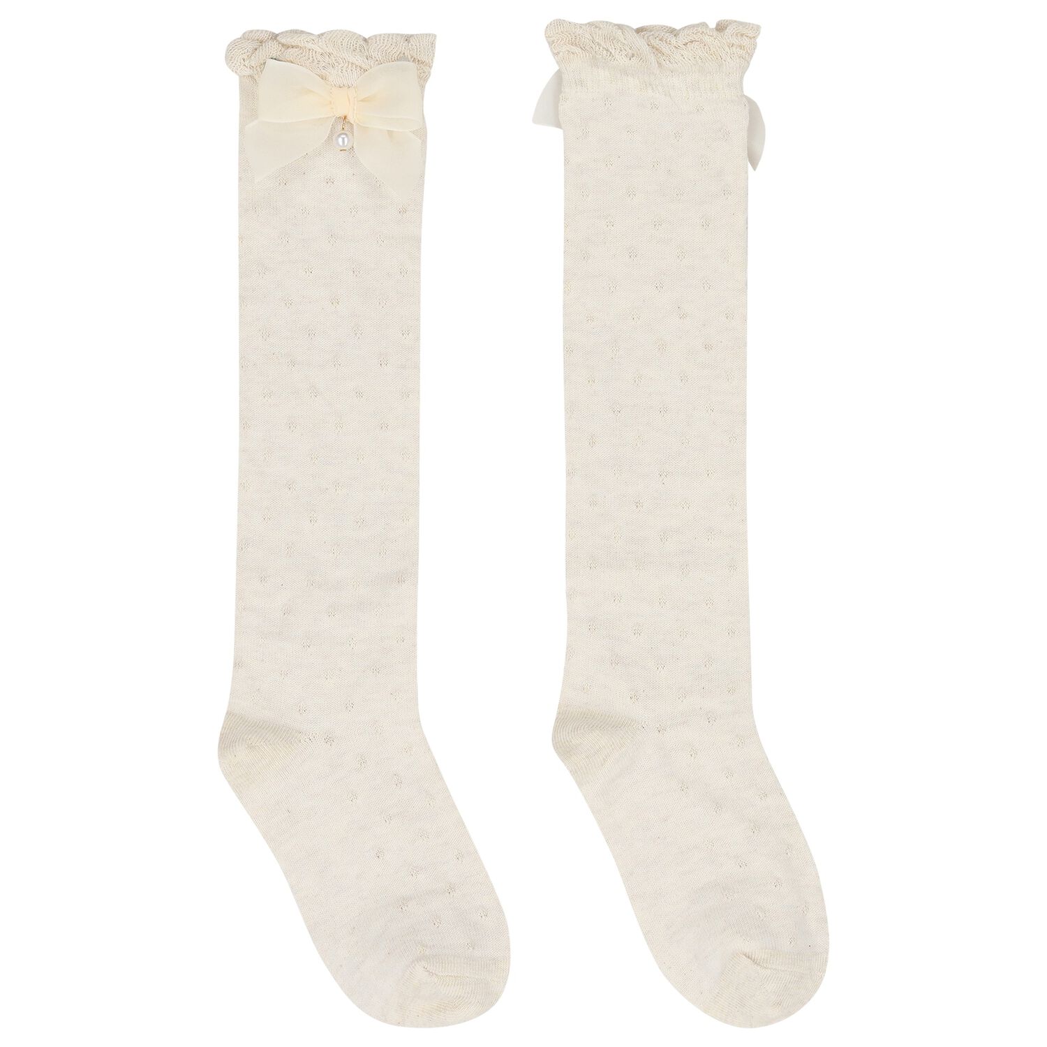 Girls Beige Bow Knitted Socks, 1, hi-res