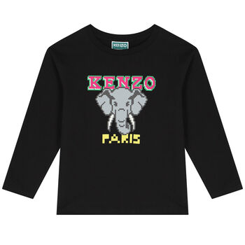 KENZO KIDS توب بنات بالشعار بأكمام باللون الأسود, 1 توب بنات بالشعار بأكمام باللون الأسود