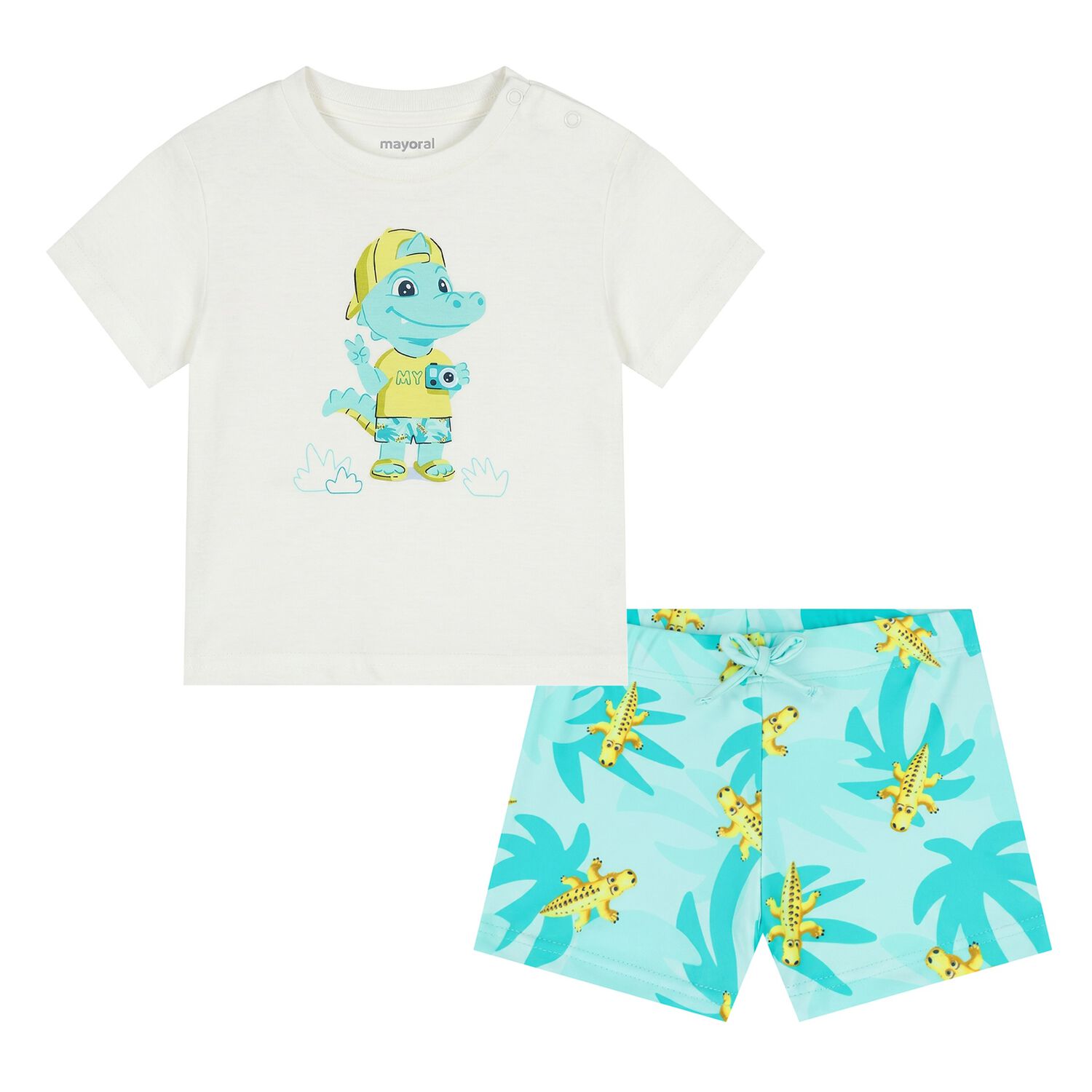 Younger Boys White & Green Crocodile Swim Shorts Set, 1, hi-res