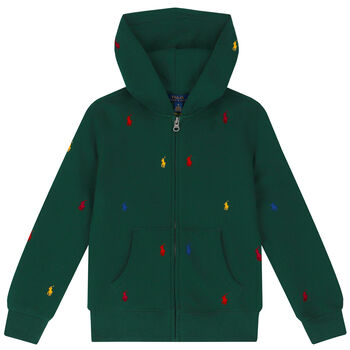 Boys Green Logo Hooded Zip Up Top