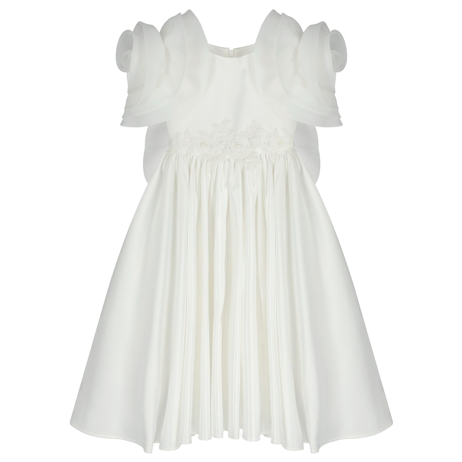 Girls White 3D Rose Sleeve Tulle Dress, 1, hi-res