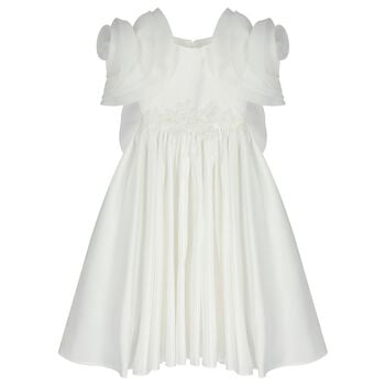 Girls White 3D Rose Sleeve Tulle Dress