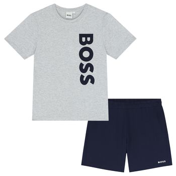 Boys Grey & Navy Blue Logo Shorts Set