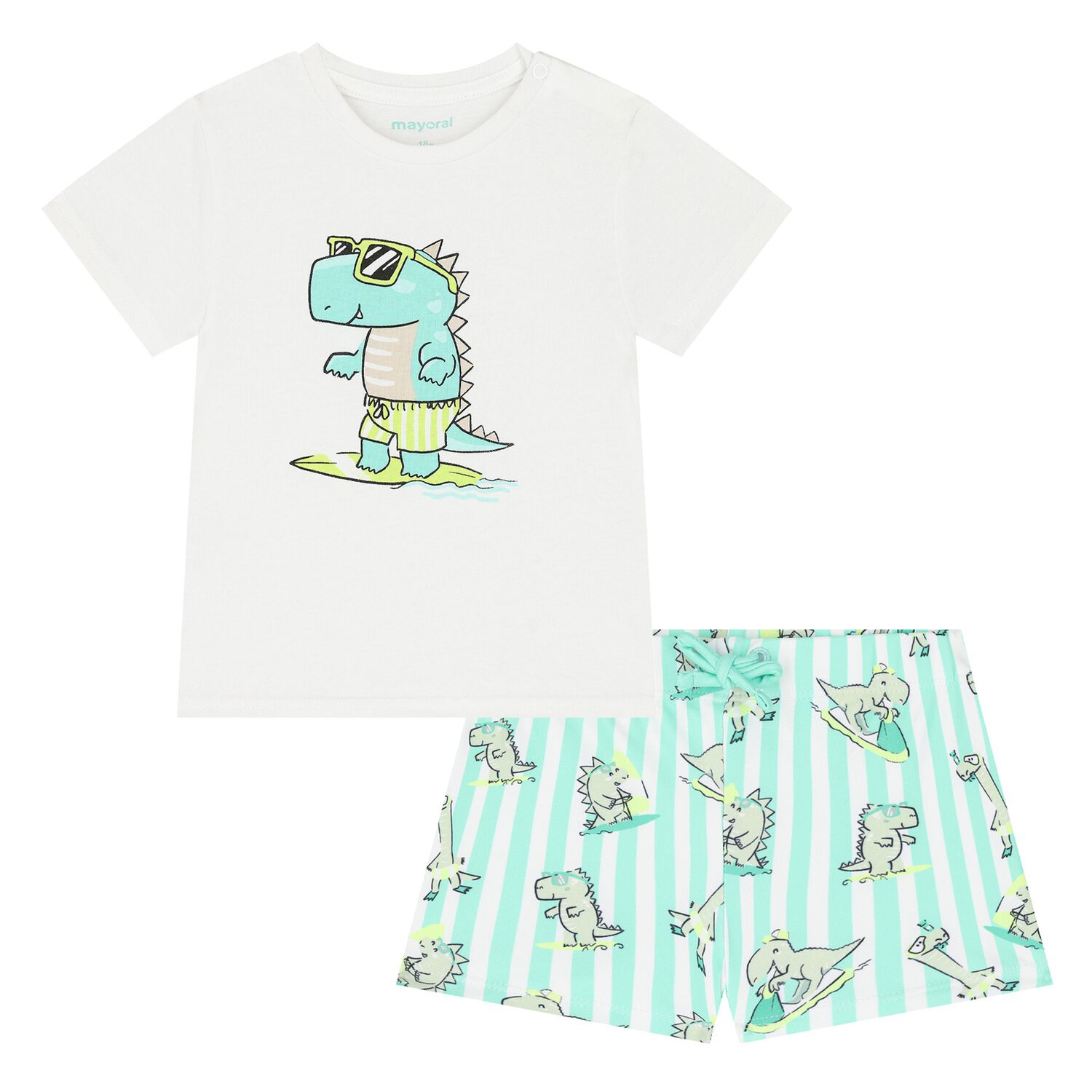 Younger Boys White & Aqua Dinosaur Swim Shorts Set, 2, hi-res image number null