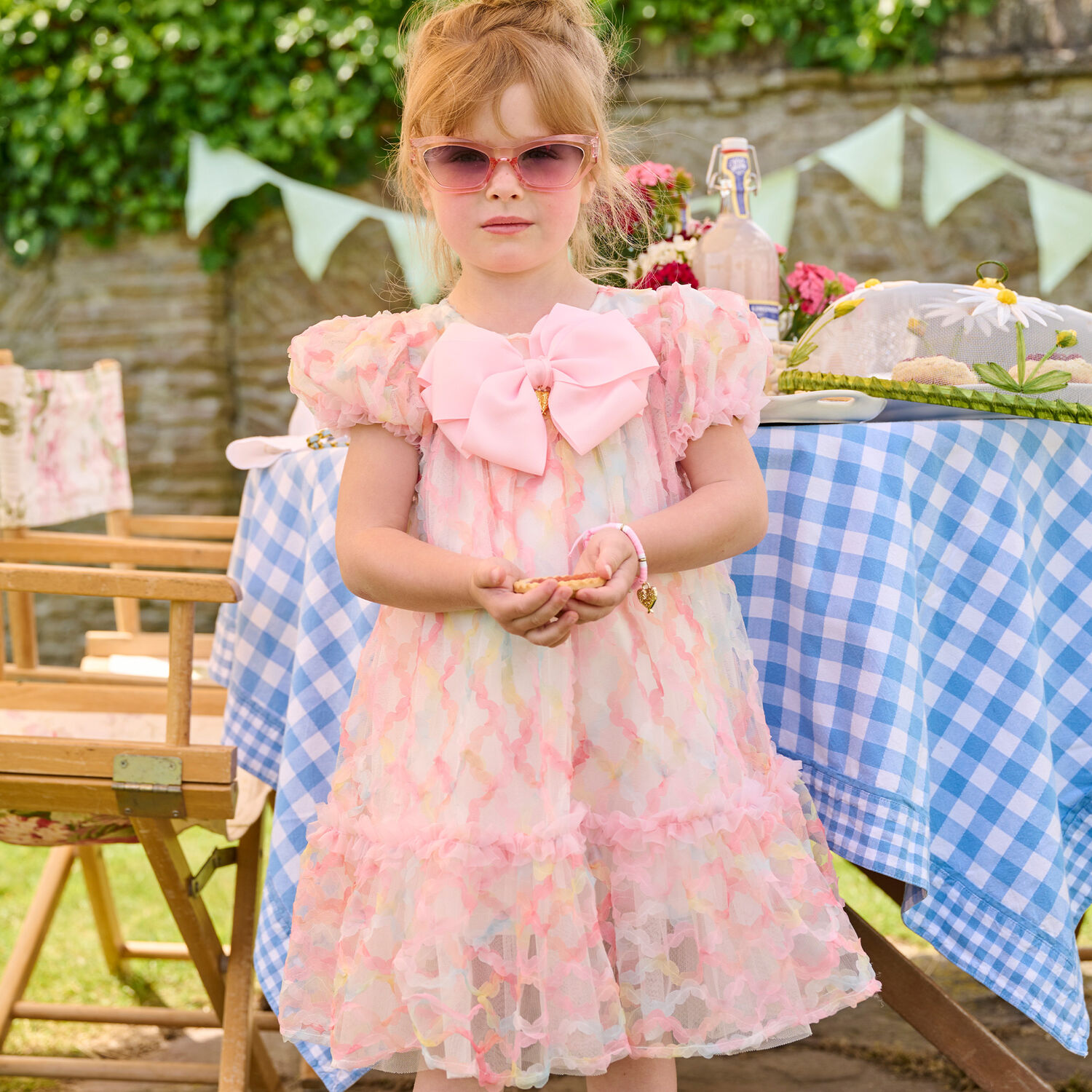 فستان تول بفيونكة باللون الابيض و الوردي , 1, hi-res