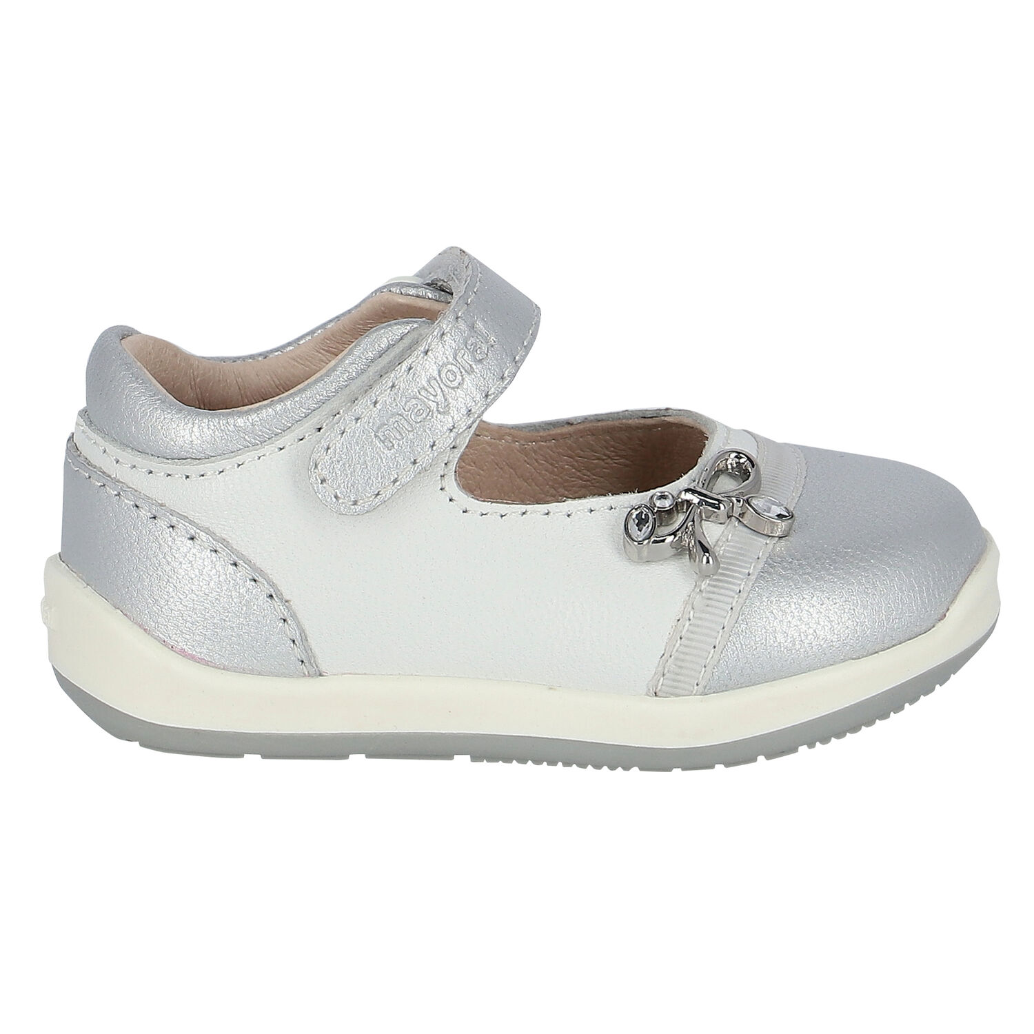 حذاء جلد باللون الابيض والفضي للبنات, 1, hi-res image number null