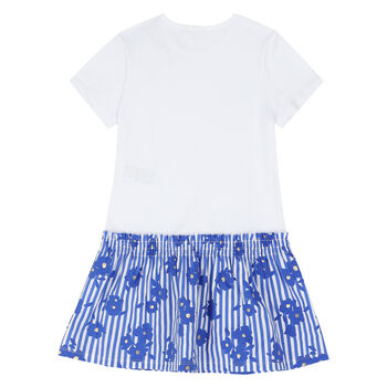 Girls White & Blue Bow Dress