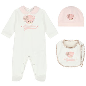 Baby Girls Ivory & Pink Teddy Babygrow Set