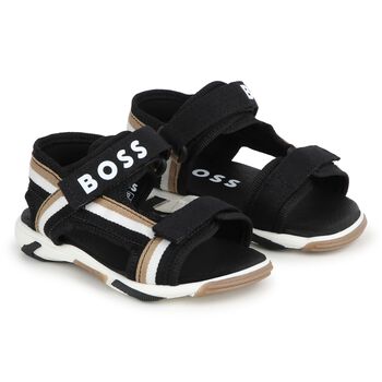 Boys White, Beige & Black Logo Sandals