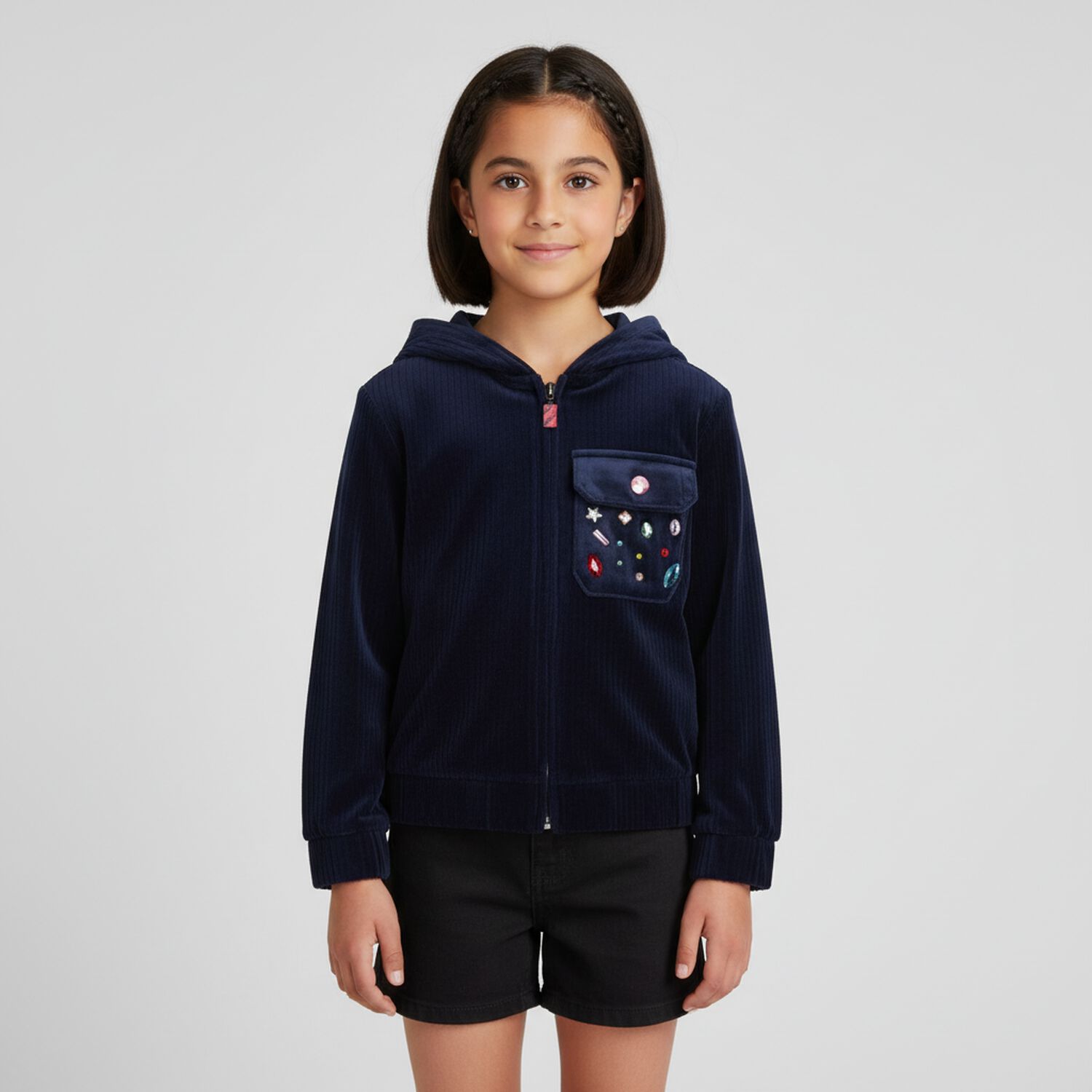 Girls Navy Blue Velvet Hooded Zip Up Top, 1, hi-res
