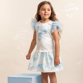 Girls White & Blue Balloon Dress