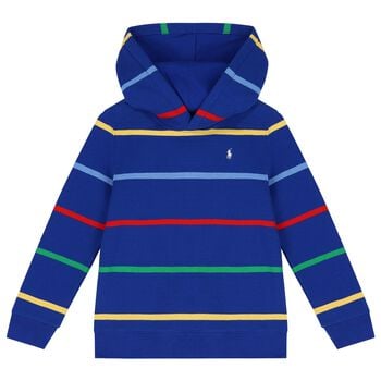 Boys Blue Logo Striped Hooded Top