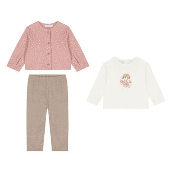 Younger Girls Ivory, Beige & Pink Floral Leggings Set