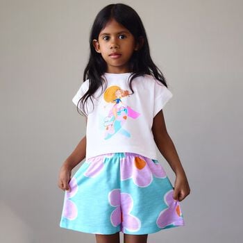 Girls White & Aqua Floral Shorts Set
