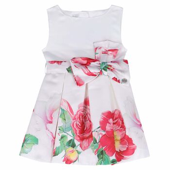 Girls White Floral Print Dress