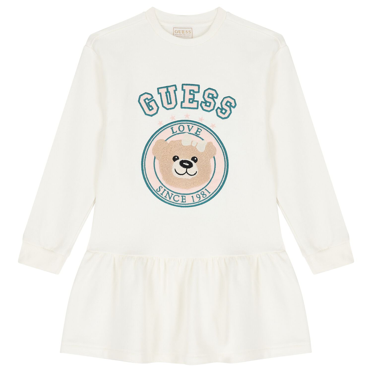 Girls Ivory Teddy Bear Logo Dress, 1, hi-res