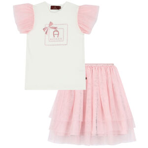 Girls White & Pink Logo Tulle Skirt Set