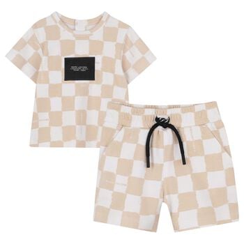 Younger Beige & White Check Shorts Set