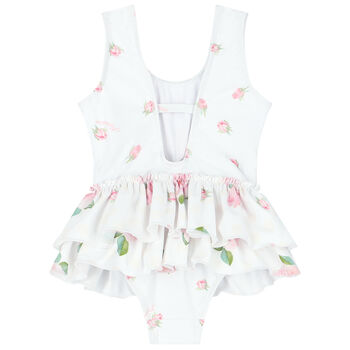 Younger Girls White & Pink Roses & Bear Swimsuit