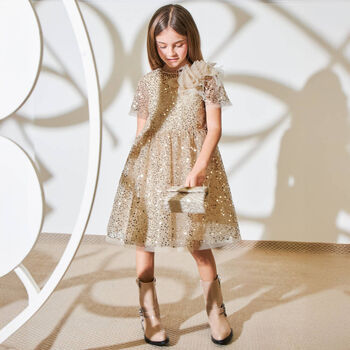 Girls Gold Sequin Tulle Dress
