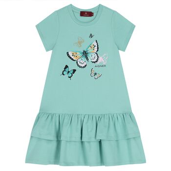 Girls Green Butterflies Logo Dress