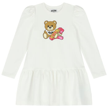 Girls Ivory Teddy Bear Logo Dress