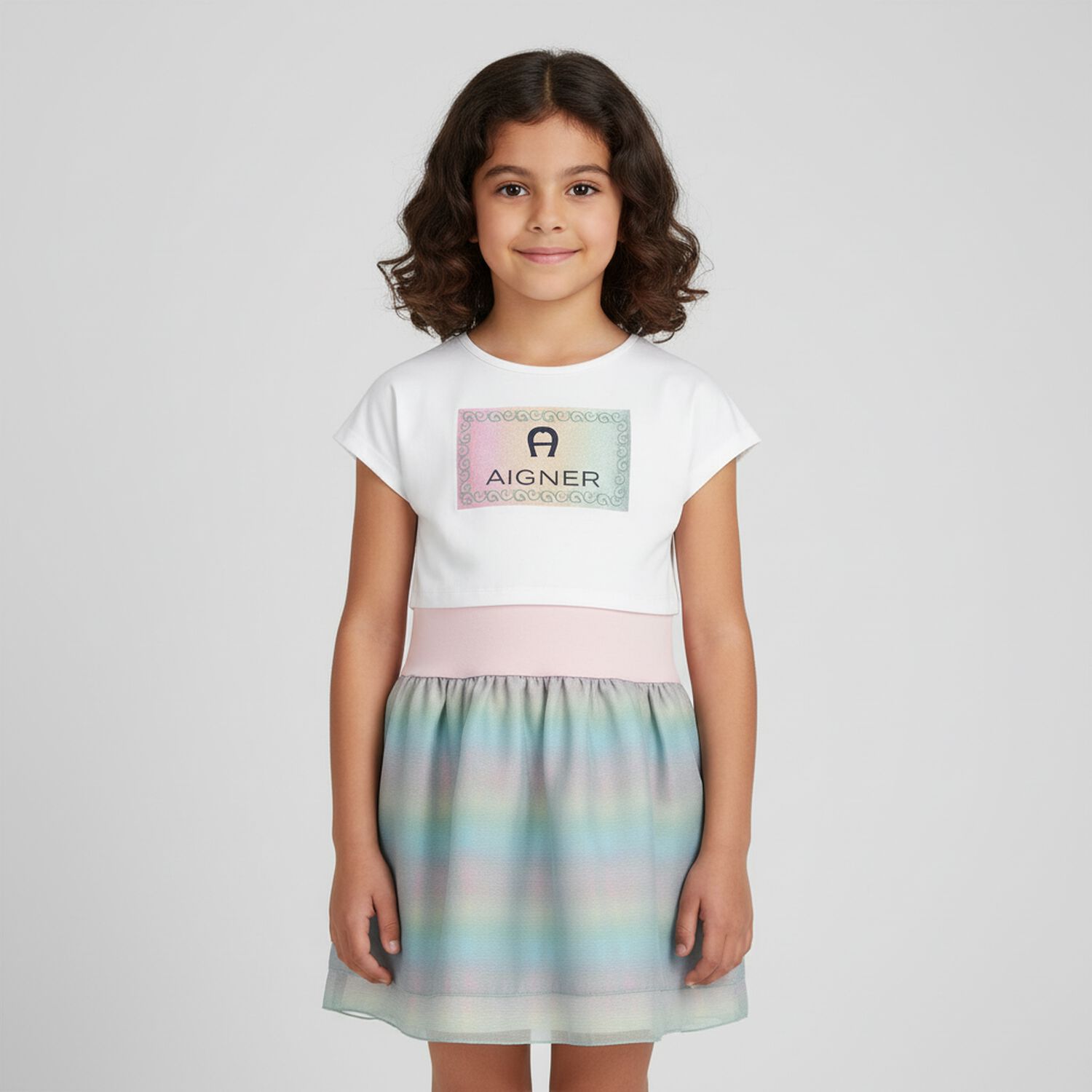 Girls White, Pink & Green Logo Dress Set, 1, hi-res image number null