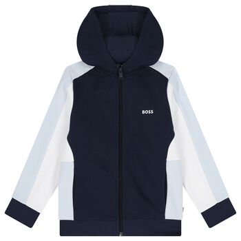Boys Navy Blue, Blue & White Logo Hooded Zip Up Top